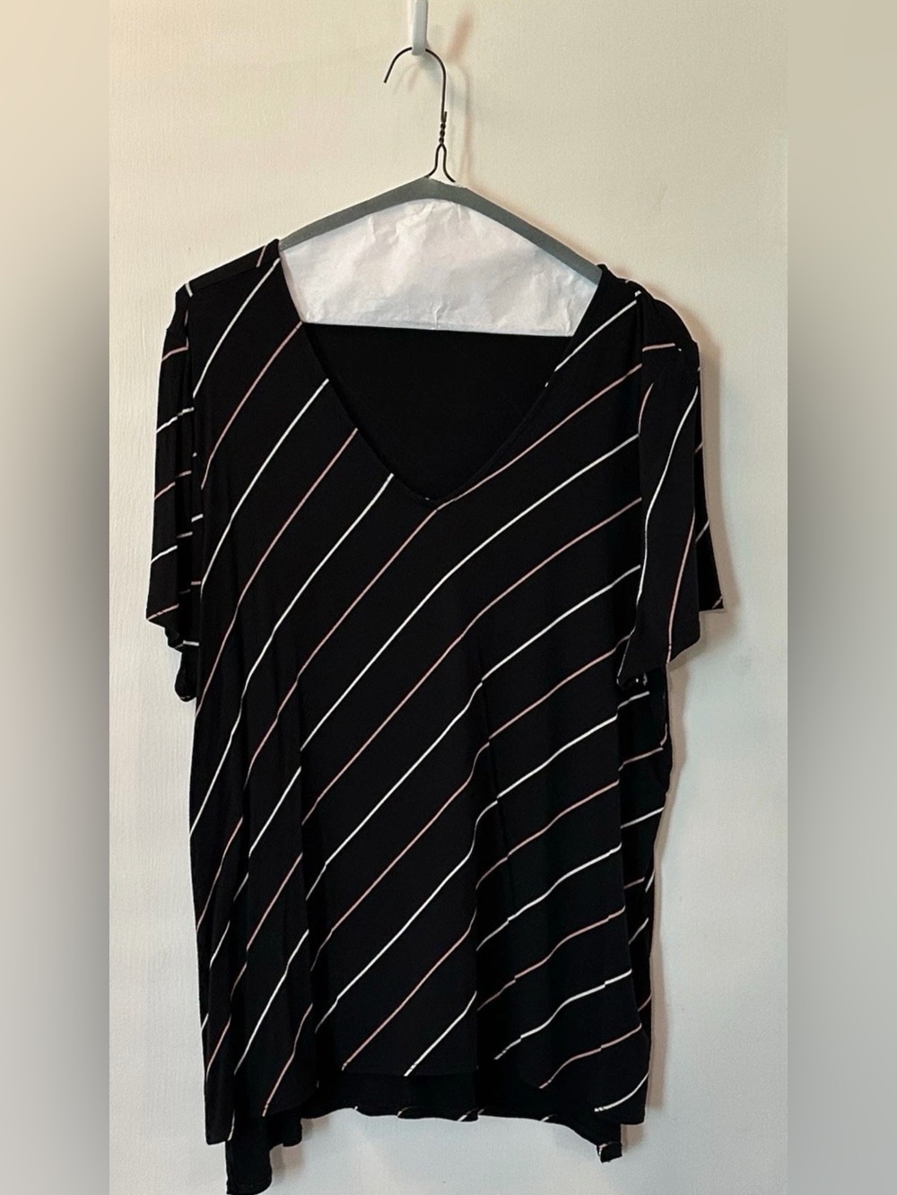 Alfani Black V-Neck Short Sleeve Top with Diagonal White & Pink Stripes